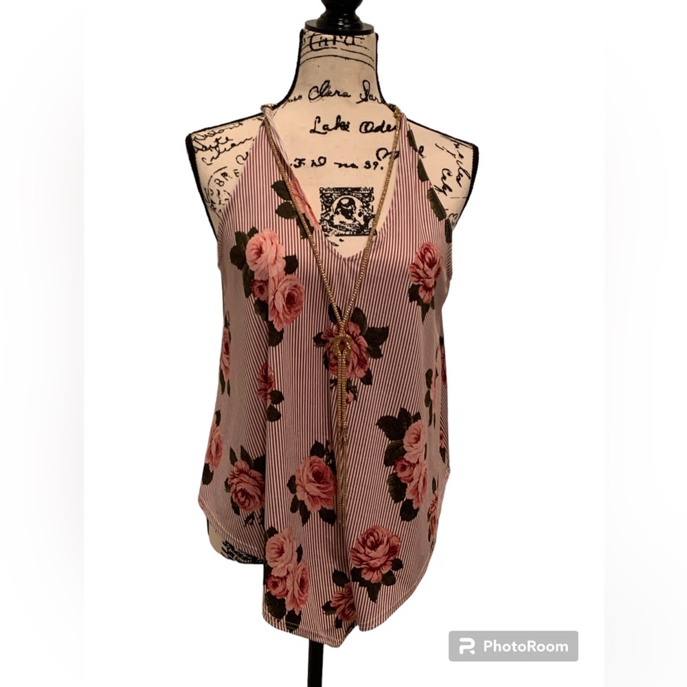 First Love top , stretchy , handkerchief hem  removable necklace  Poly spandex L
